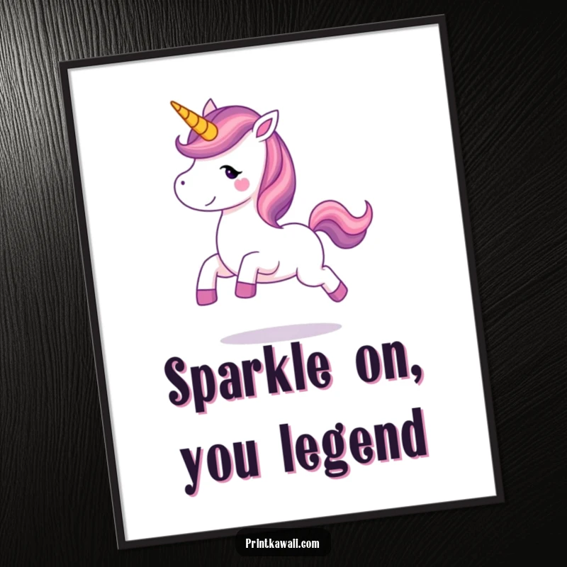 Cute Free Printable Wall Art: A graceful unicorn joyfully prancing, its horn glowing with magical, happy energy.