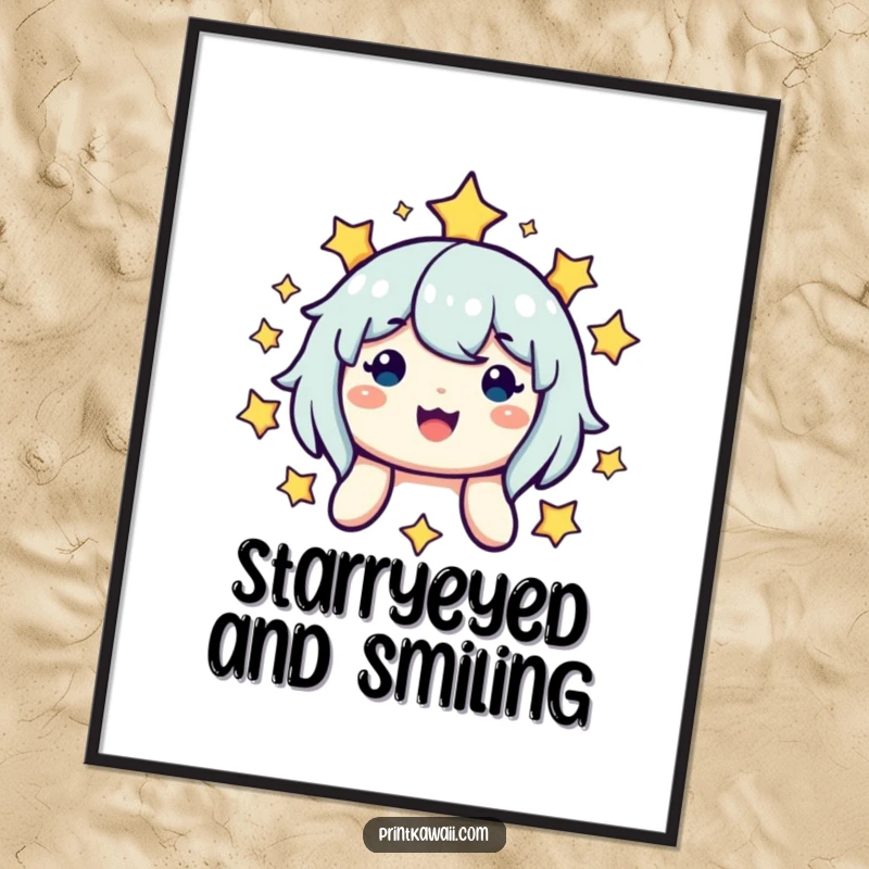 Funny Free Printable Wall Art: Whimsical star character with a radiant smile, set against a backdrop of twinkling stars.