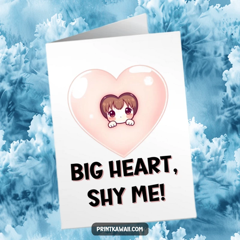 Funny Free Printable Birthday Card: Shy character peeking from behind a colossal shimmering heart, sweet birthday downloadable gift.