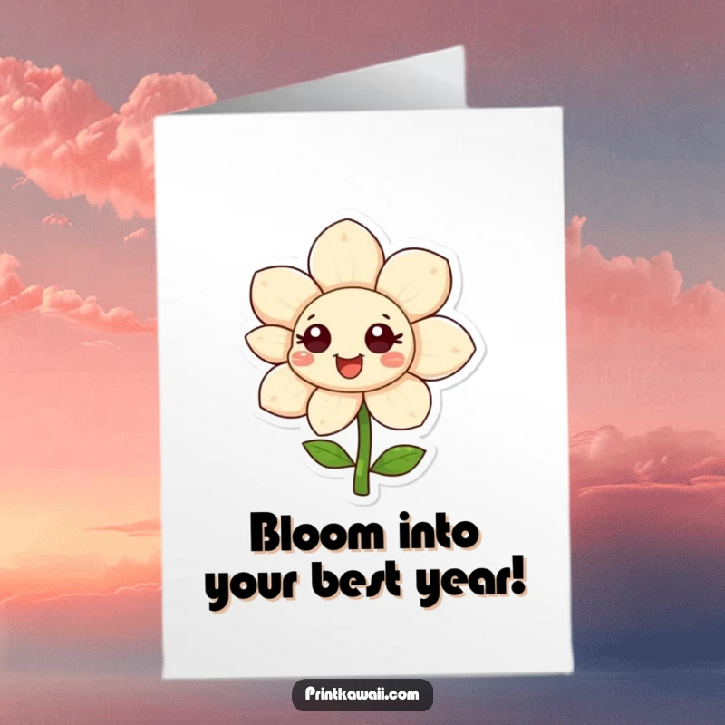 Funny free printable birthday card featuring a happy flower character with its petals wide open, radiating pure joy and a sunny disposition.