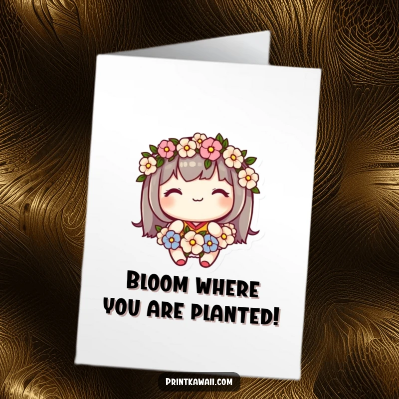 Delightful free printable birthday card of a cute kawaii character adorned with a flower garland, smiling sweetly.