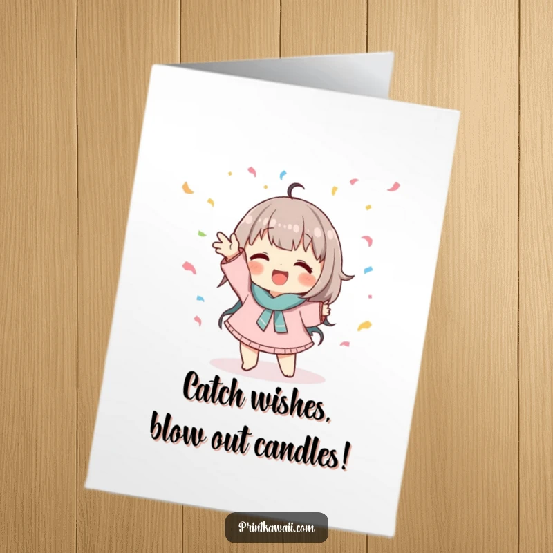 Funny Free Printable Birthday Card: Cute character in a playful pose, catching falling confetti, celebrating a happy birthday.