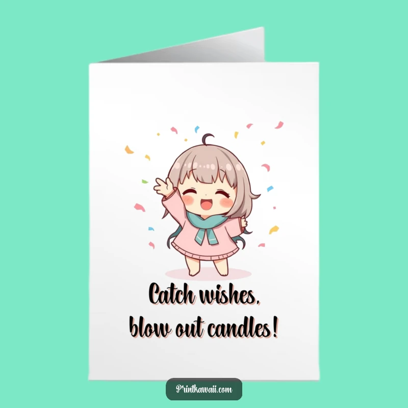 Free Printable Birthday Card: Confetti Catching Character Funny Downloadable Gift