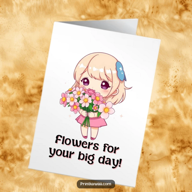 Free Printable Birthday Card: Cute character holding a bouquet of sparkling flowers, wishing a beautiful birthday.
