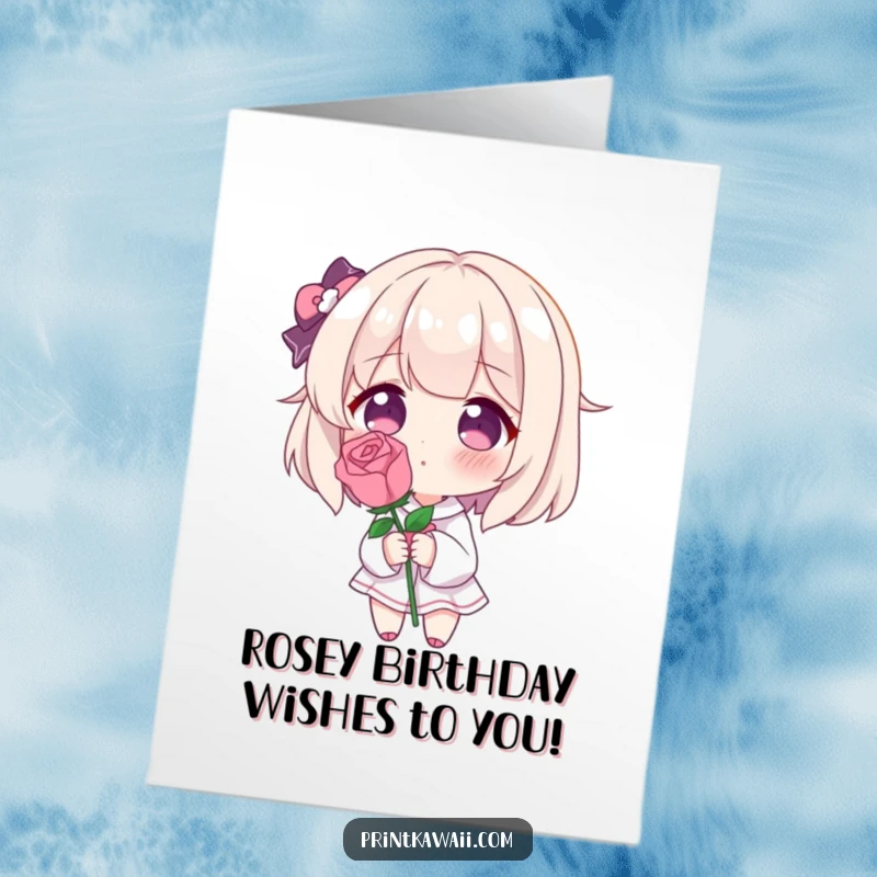 Funny Free Printable Birthday Card: Blushing character with a rose, radiating shy charm for a humorous downloadable gift.