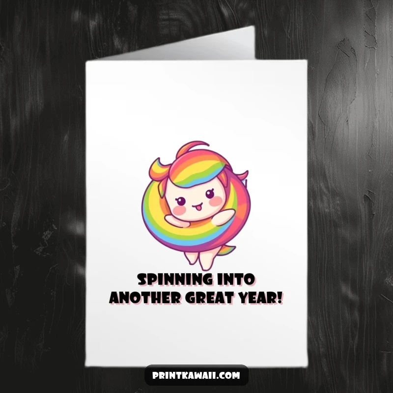 Funny Free Printable Birthday Card: Joyful Rainbow Swirl Character Twirling with Colorful Excitement