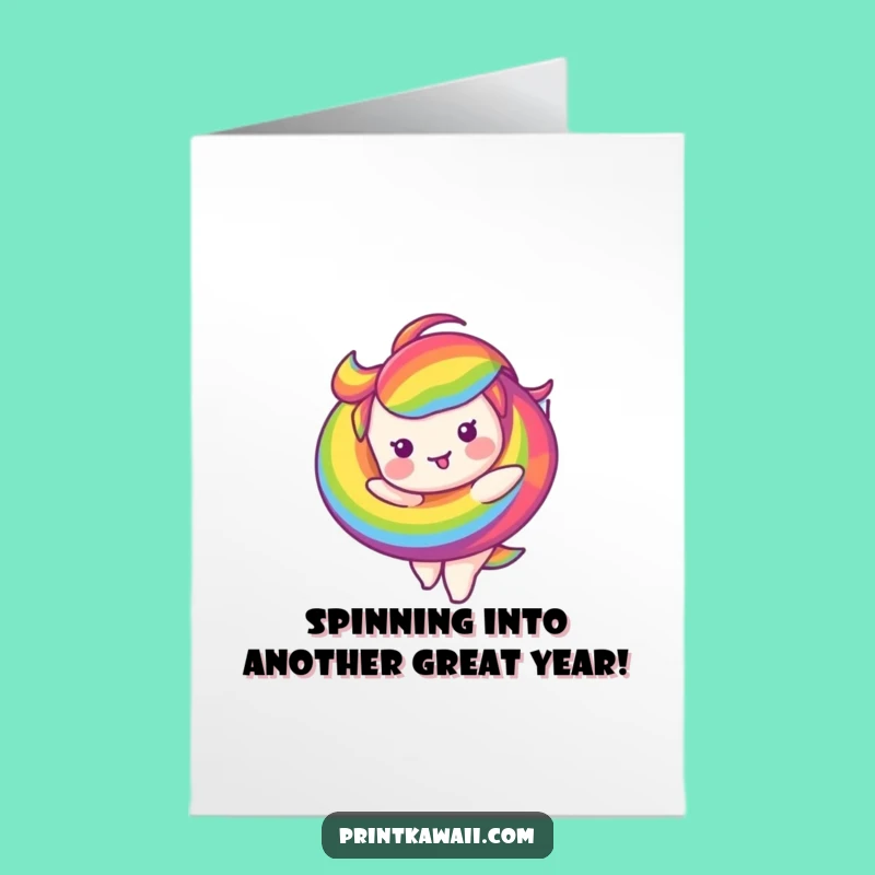 Free Printable Birthday Card: Funny Rainbow Swirl Character Twirling for a Joyful Surprise
