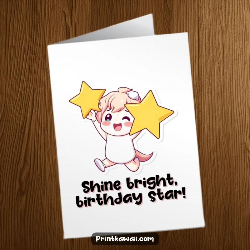 Funny Free Printable Birthday Card: Gleeful Character Leaping High, Clutching a Giant Sparkling Star.