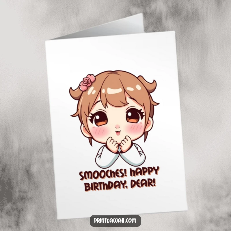 Free Printable Birthday Card: Cute kawaii character with rosy cheeks blowing a kiss, sending sweet birthday love.