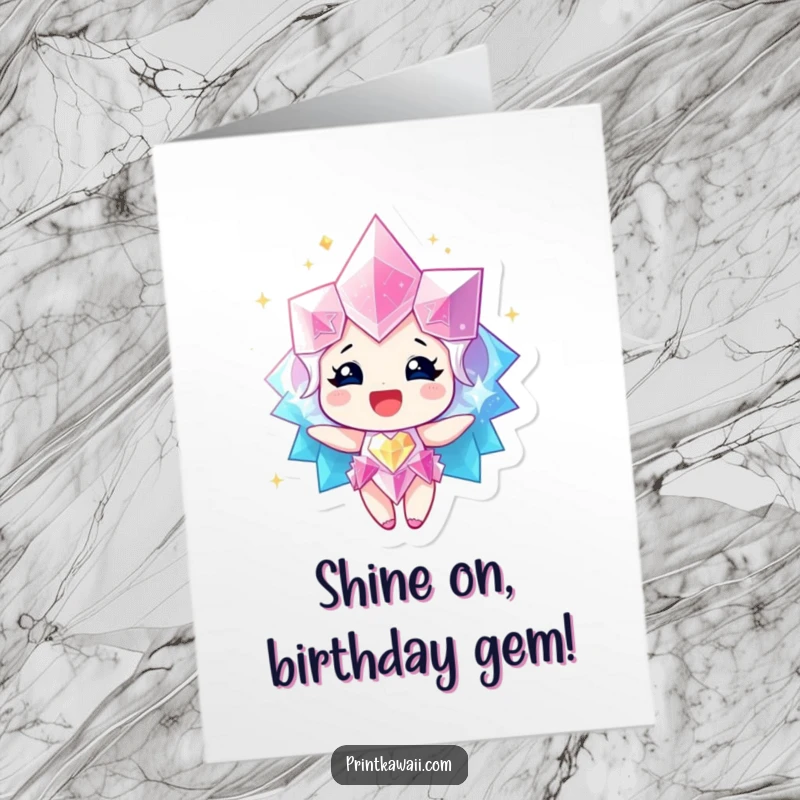 Funny Free Printable Birthday Card featuring a sparkling gem character radiating pure happiness, perfect for 'Print at Home' celebrations.