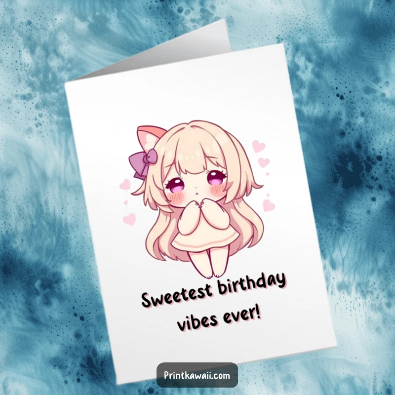 Funny Free Printable Birthday Card: Character in a sweet pose with a pink aura, radiating gentle humor for a downloadable gift.