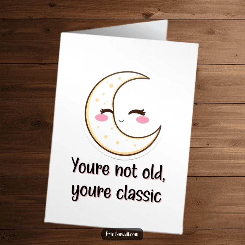 Funny Free Printable Birthday Card featuring a sly winking crescent moon character, radiating mischief and humor.