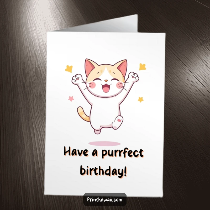 Funny Free Printable Birthday Card featuring a cute cat character joyfully jumping and celebrating with excitement.
