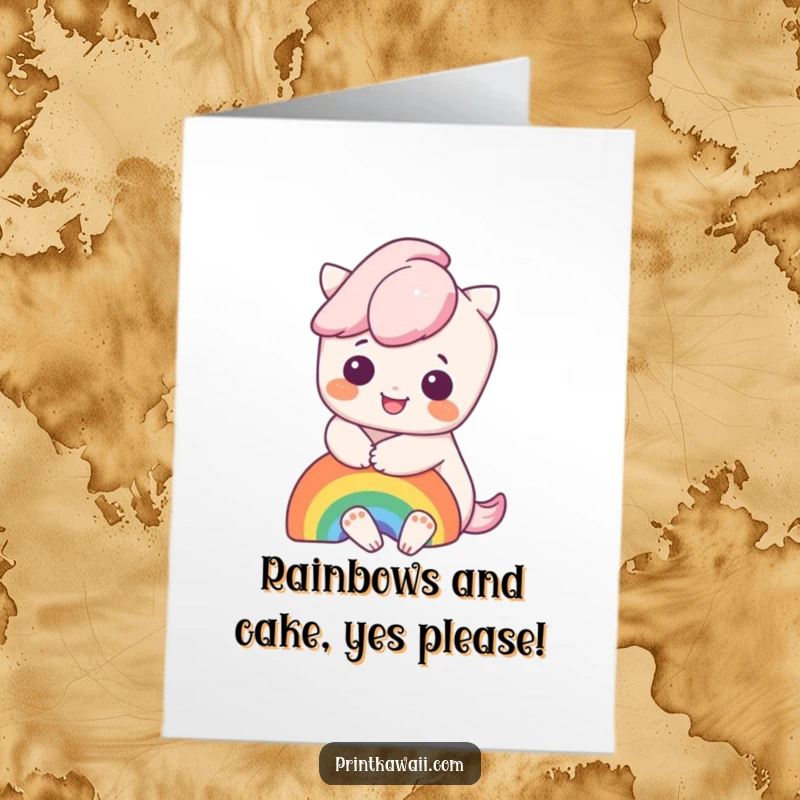 Funny Free Printable Birthday Card featuring a cute Kawaii character joyfully hugging a vibrant rainbow.