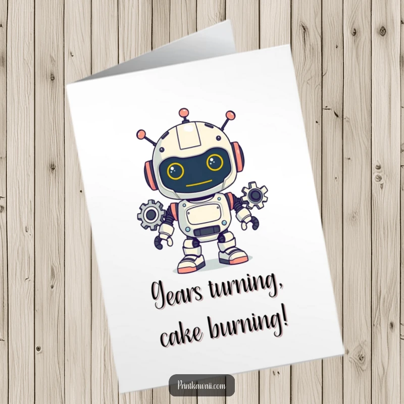 Funny Free Printable Robot Birthday Card with turning gears, a playful character celebrating a special day, perfect for DIY gifts.