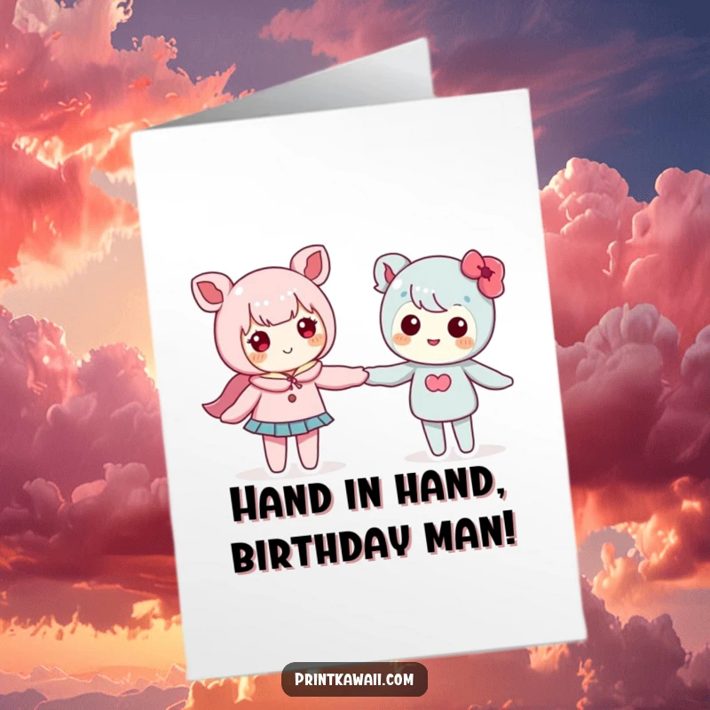 Sweet free printable birthday card featuring two adorable kawaii characters happily holding hands, embodying friendship.