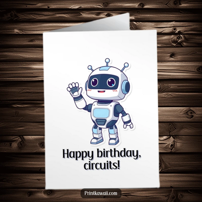 Funny Free Printable Birthday Card featuring a happy robot character waving its arms energetically and cheerfully.