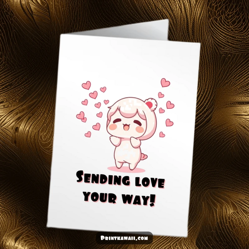 Funny Free Printable Birthday Card: Character releases a flurry of small, fluttering hearts, sending love for a birthday.