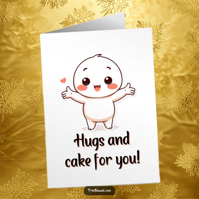 Funny Free Printable Birthday Card: Cute kawaii character striking a loving pose with arms outstretched, offering a warm hug.