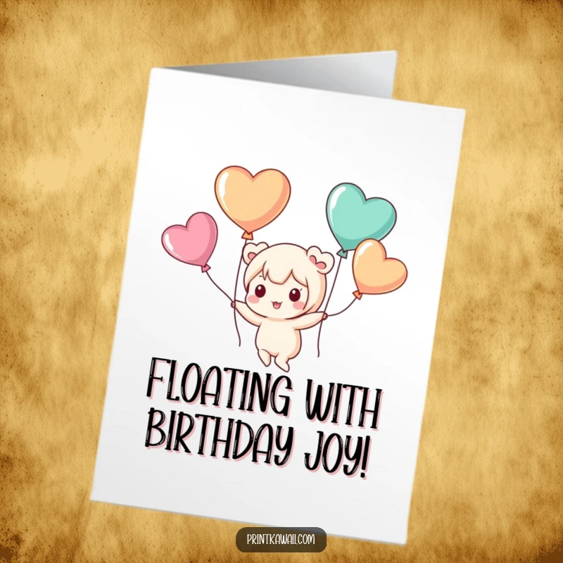 Joyful free printable birthday card featuring a cute kawaii character playfully floating with heart-shaped balloons, full of excitement.