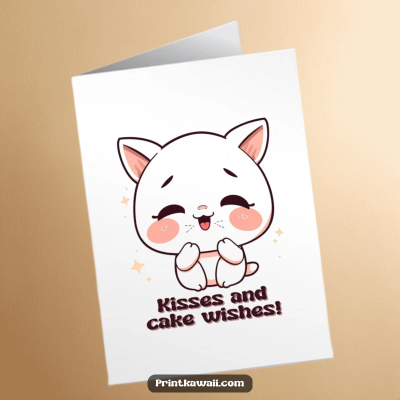 Funny Free Printable Birthday Card: Cute kawaii character giggling while blowing glittery kisses, spreading joy and sparkle.
