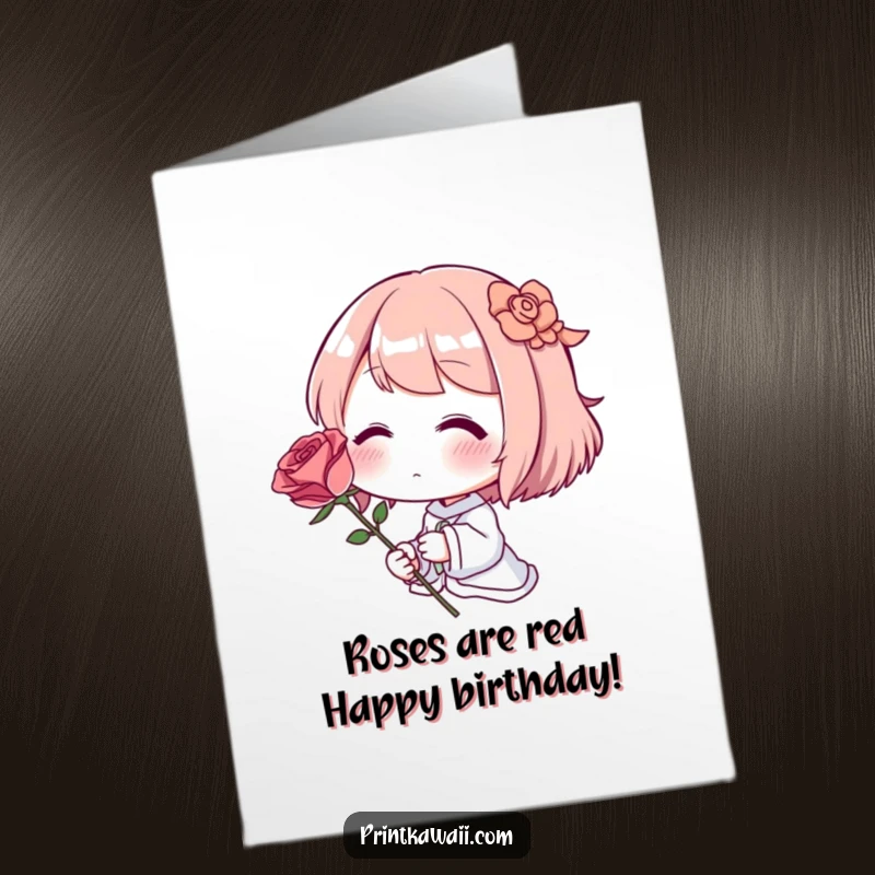 Sweet free printable birthday card showing a character blushing deeply while tenderly holding a single, perfect red rose.
