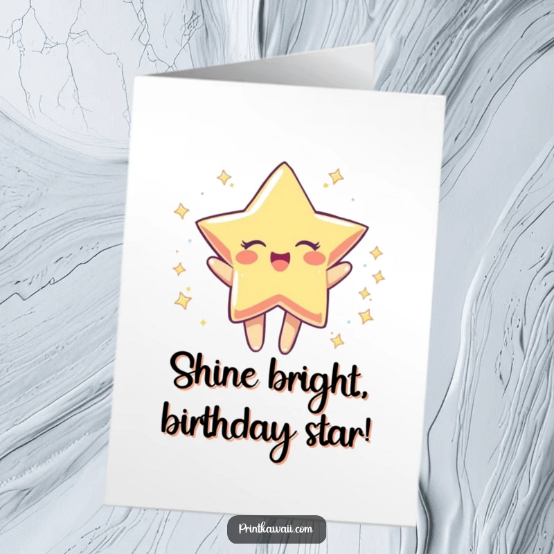 Free Printable Birthday Card: A sparkly star character joyfully spinning around with excitement.