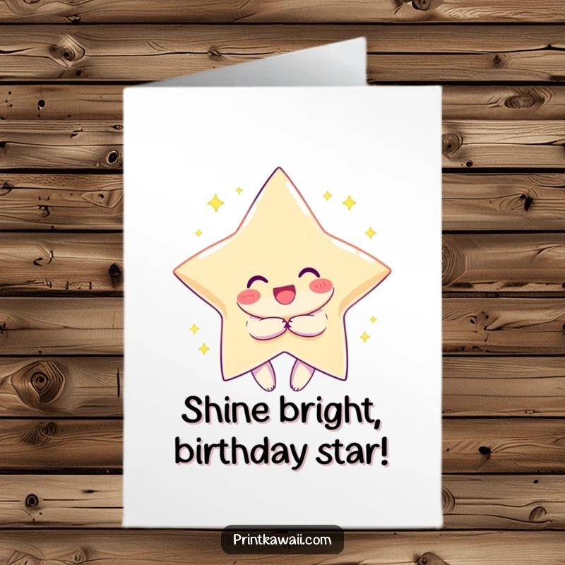 Funny Free Printable Birthday Card: Character with wide smile hugging a giant sparkling star, perfect for a stellar birthday downloadable gift.