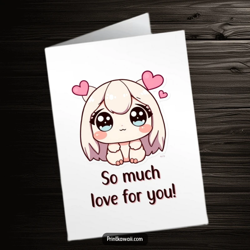 Funny Free Printable Birthday Card: Cute character with wide, sparkling eyes, looking at hearts, radiating love and birthday joy.