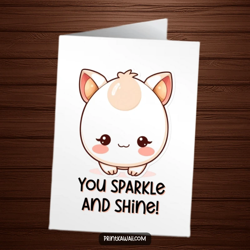 Adorable free printable birthday card of a cute kawaii character with blushing cheeks and sparkling eyes, radiating sweetness.