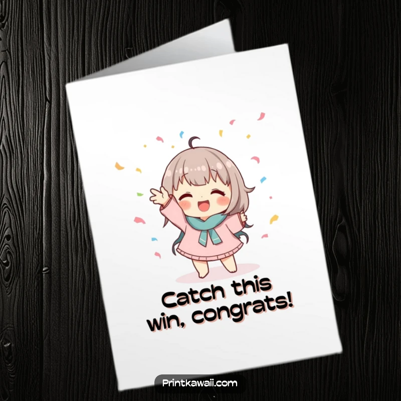 Funny Free Printable Congrats Card: Cute character strikes a playful pose, catching falling confetti, celebrating a big win.