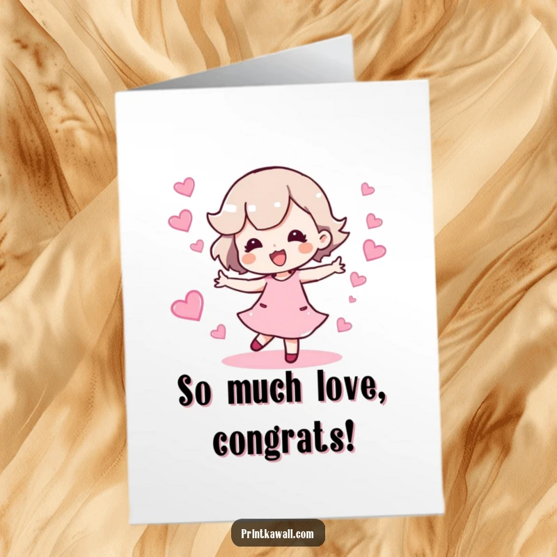 Funny Free Printable Congrats Card: Character elegantly dancing, leaving a trail of sparkling hearts, celebrating achievements.