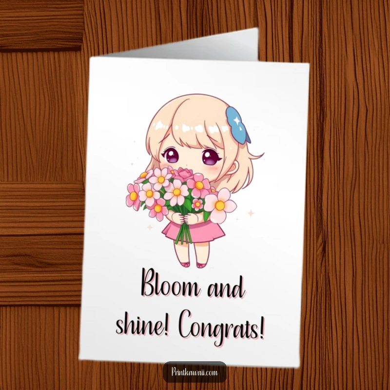 Free Printable Congrats Card: Cute character holds a bouquet of sparkling flowers, celebrating a blooming success.
