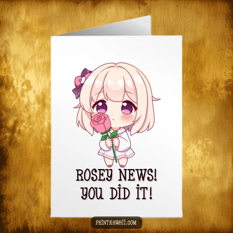 Funny Free Printable Congrats Card: Blushing character with a rose, showing shy admiration for a humorous downloadable gift.