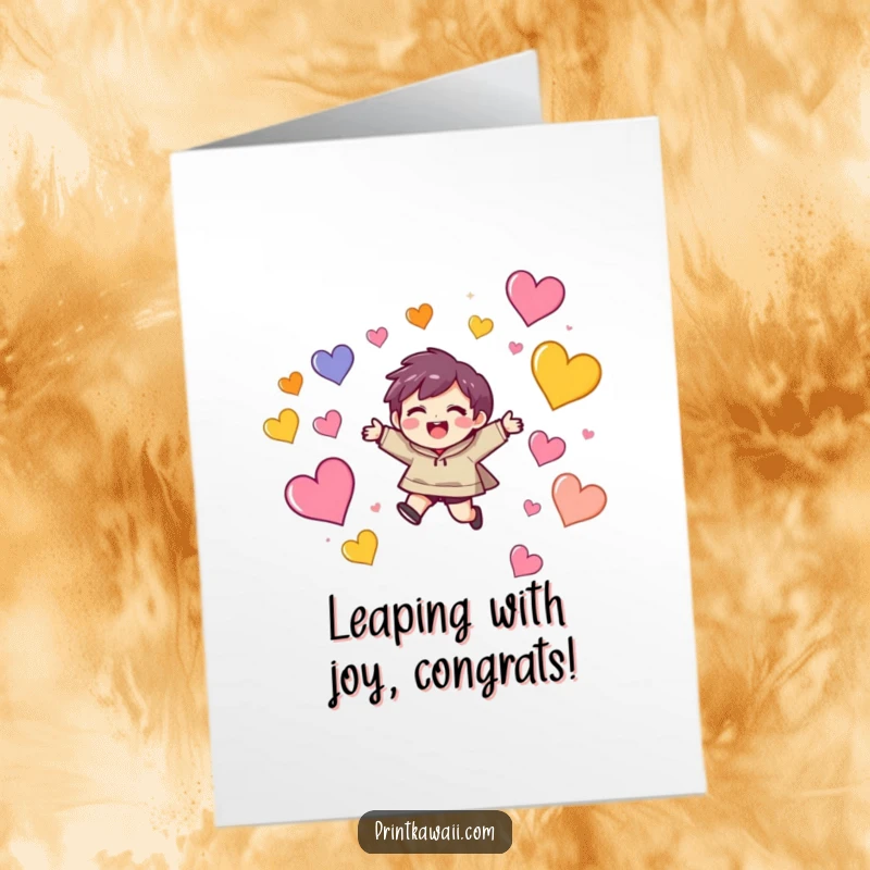 Funny Free Printable Congrats Card: Character with delighted expression leaping through colorful hearts, a celebratory downloadable gift.