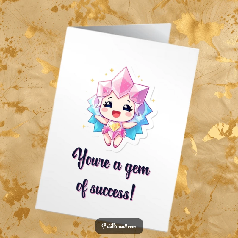 Funny Free Printable Congratulations Card showing a sparkling gem character radiating happiness, a brilliant 'Print at Home' way to cheer.