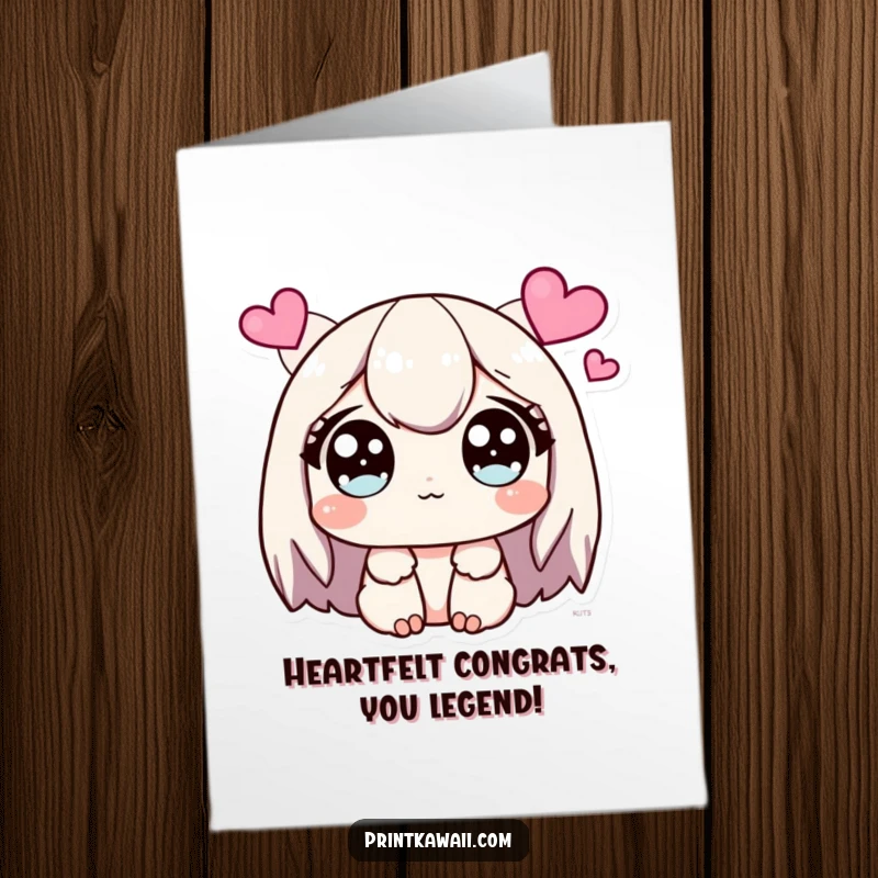 Funny Free Printable Congratulations Card: Cute character with wide, sparkling eyes, looking at hearts, celebrating success with love.