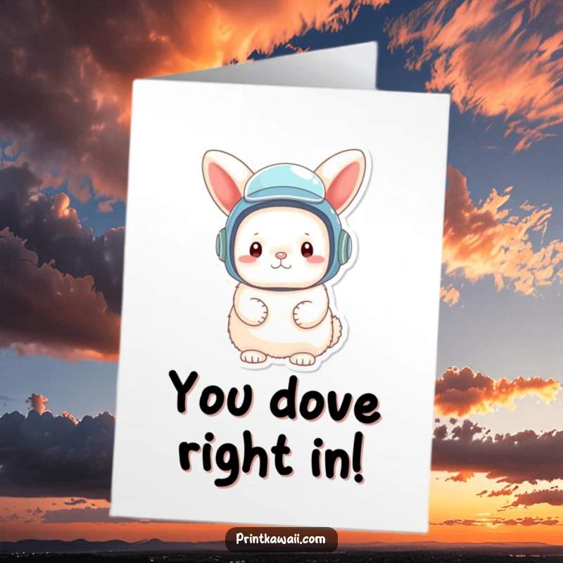 Funny Free Printable Congratulations Card of a fluffy bunny wearing a tiny, oversized diving helmet, ready to explore.