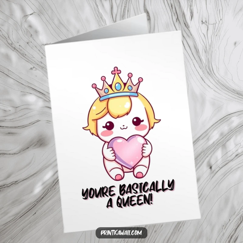 Funny Free Printable Congratulations Card showing a cute kawaii character with a crown holding a sparkly heart, radiating pride.