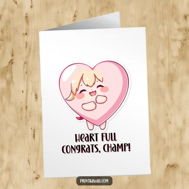 Free Printable Congrats Card: Kawaii character joyfully embracing a giant heart, celebrating a wonderful achievement with delight.