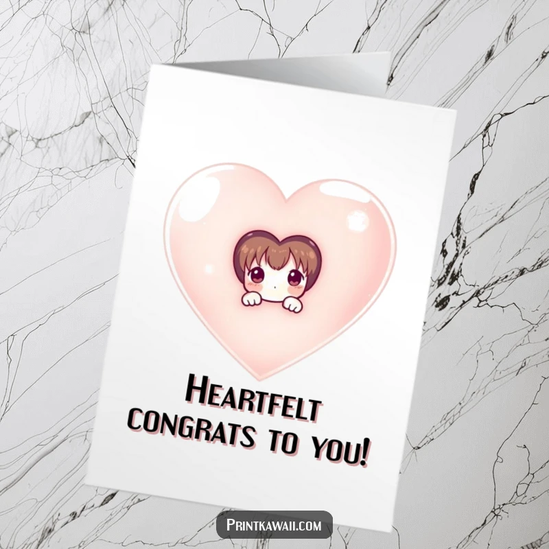 Funny Free Printable Congrats Card: Shy character peeking behind a large shimmering heart, a gentle congratulatory downloadable gift.