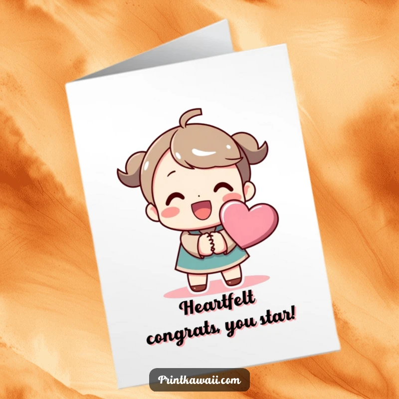 Funny Free Printable Congrats Card: Beaming character holding hands with a heart, symbolizing shared happiness in a downloadable gift.