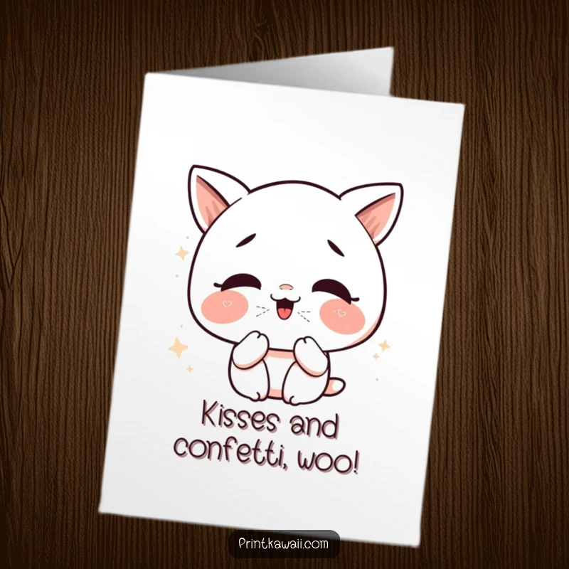 Funny Free Printable Congratulations Card: Cute kawaii character giggling and blowing glittery kisses, celebrating a sparkling achievement.