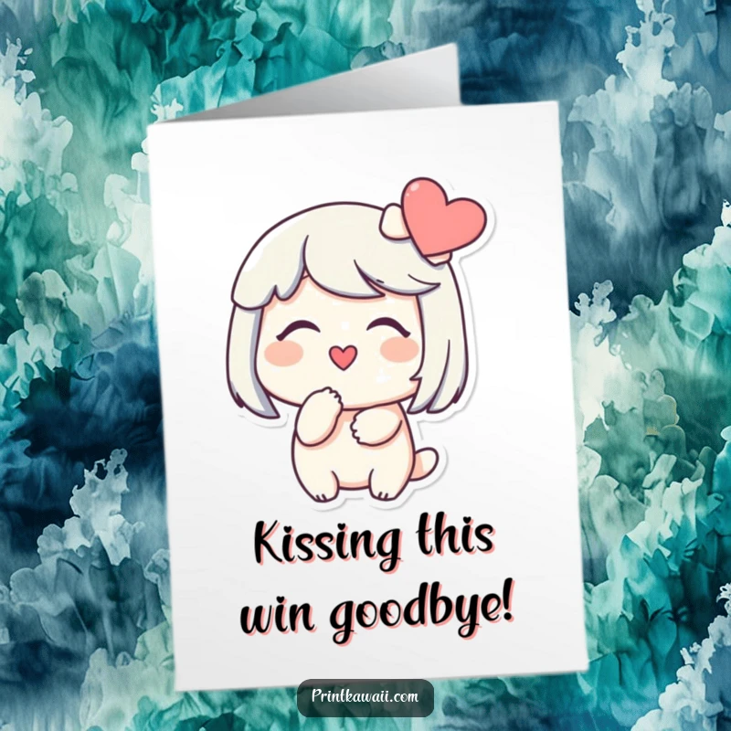 Funny Free Printable Congrats Card: Character blowing a kiss to a heart, sending loving congratulations for a humorous downloadable gift.