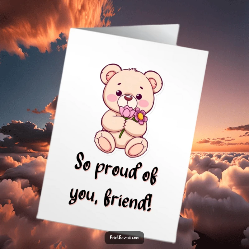 Funny Free Printable Congrats Card: Content teddy bear holds a flower, conveying congratulations with quiet joy.