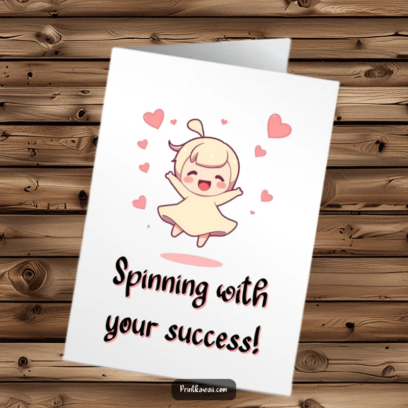 Funny Free Printable Congrats Card: Character joyfully spinning with hearts floating, celebrating an achievement with pure delight.