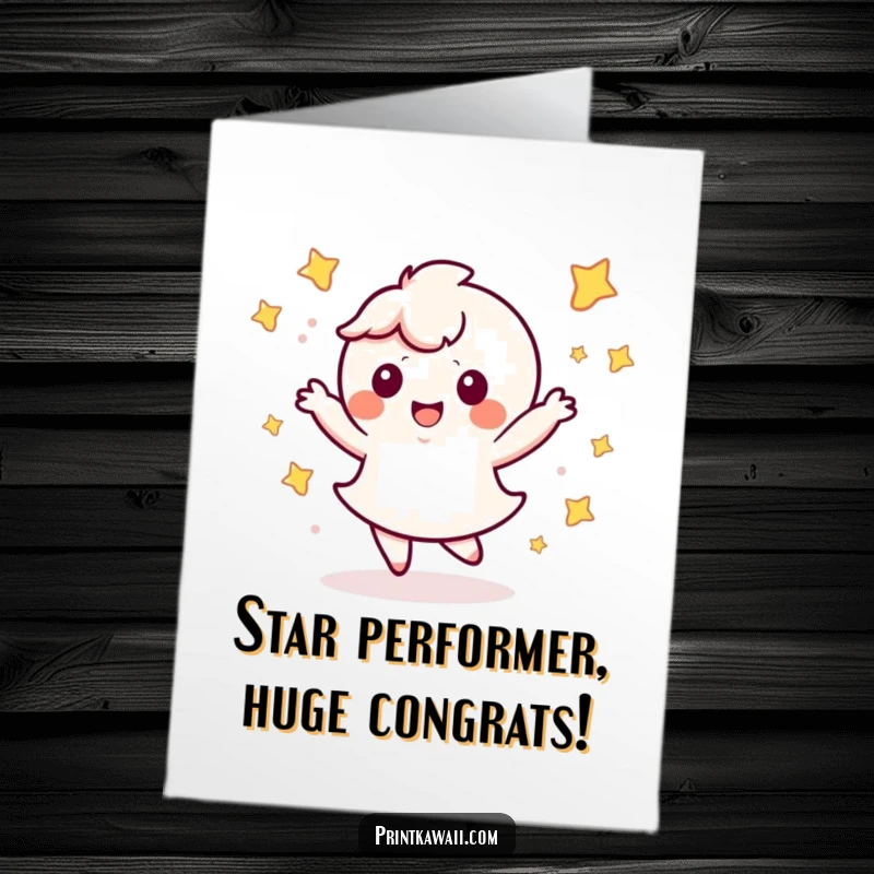 Funny Free Printable Congratulations Card: Cute kawaii character dancing with stars, expressing immense joy and celebration.