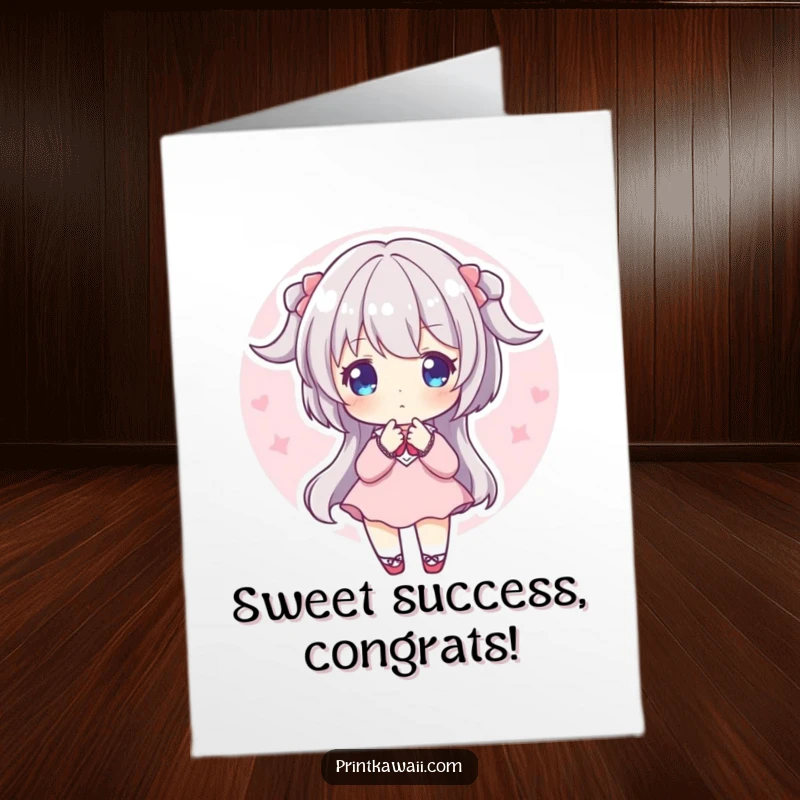 Funny free printable congratulations card of a character in a sweet pose, enveloped in a soothing, soft pink aura.