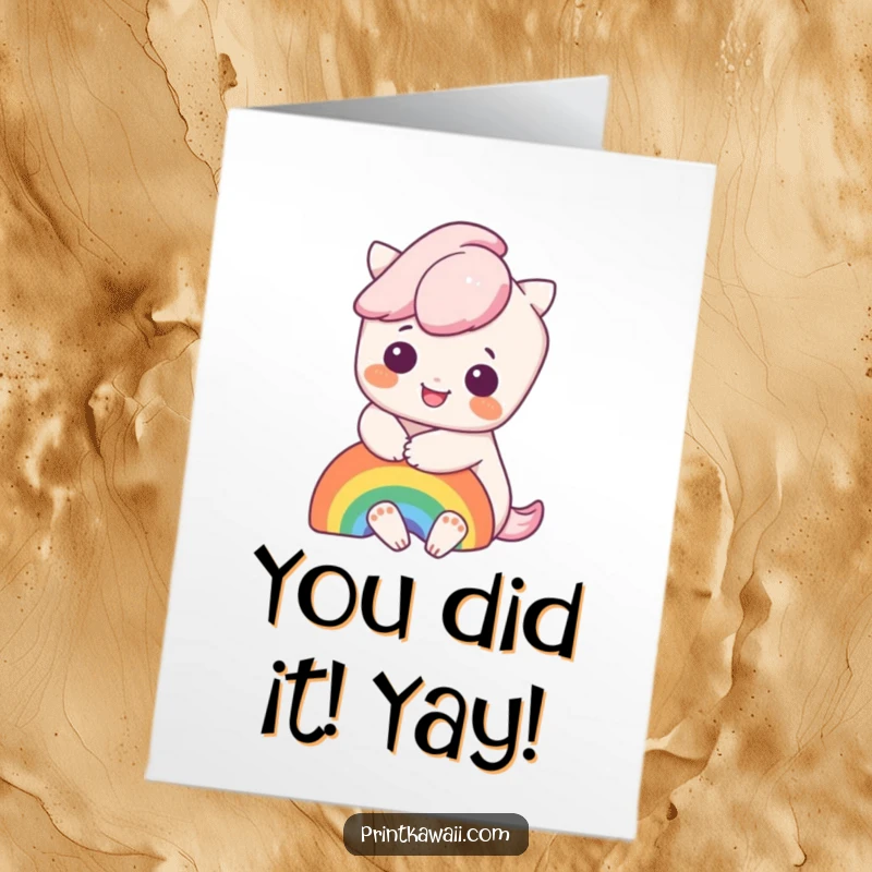 Funny Free Printable Congratulations Card showing a happy Kawaii character embracing a colorful rainbow.