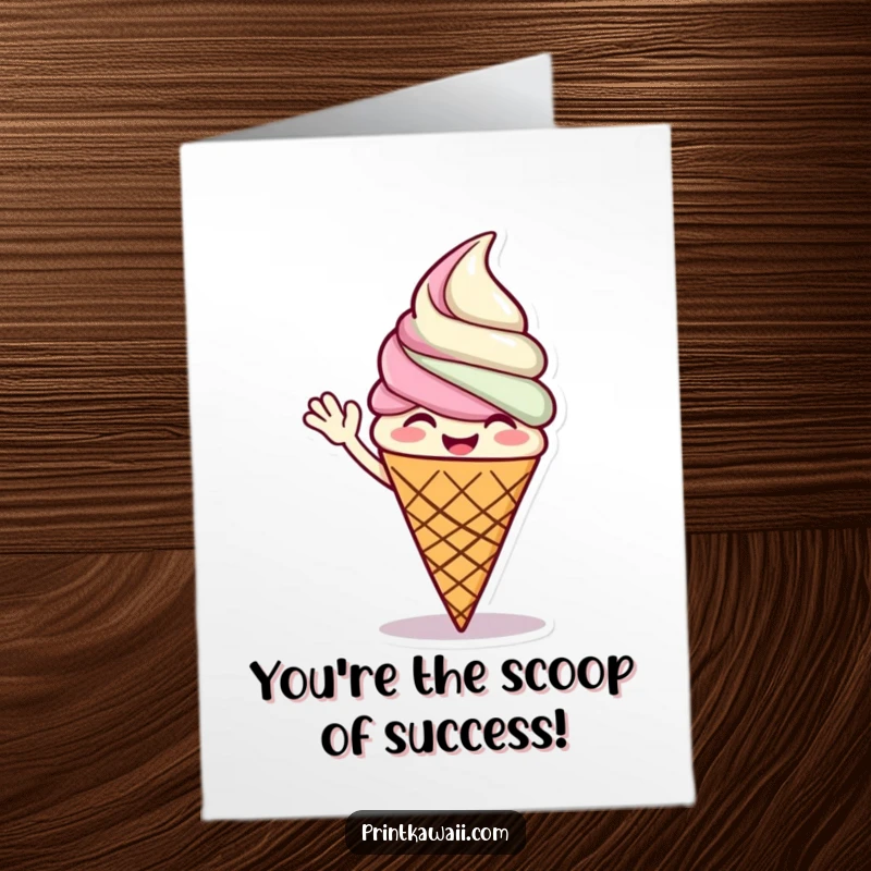 Funny Free Printable Ice Cream Cone Congratulations Card, a giggling cone waving, celebrating achievements, a sweet downloadable gift.